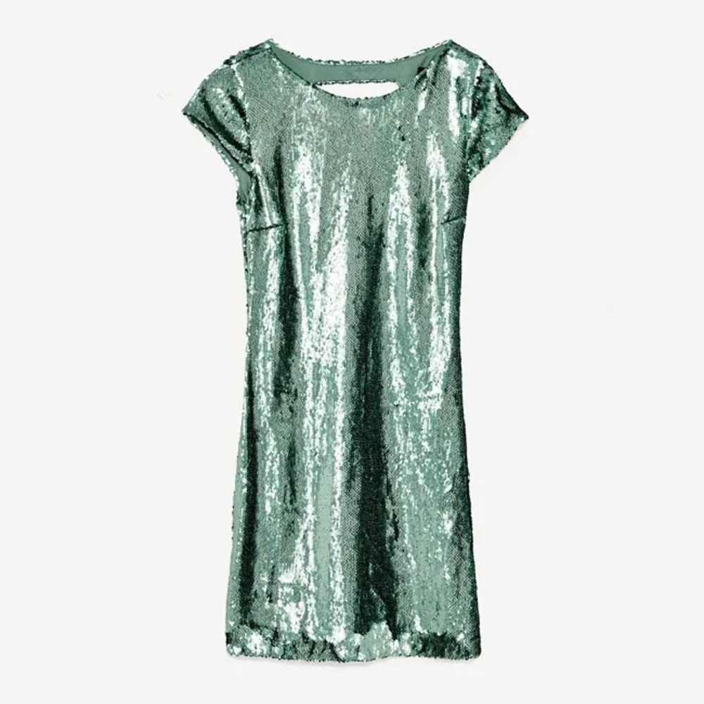 NWT Sz XS Zara Basic Green Sequin Short Sleeve Bodycon Mini Dress